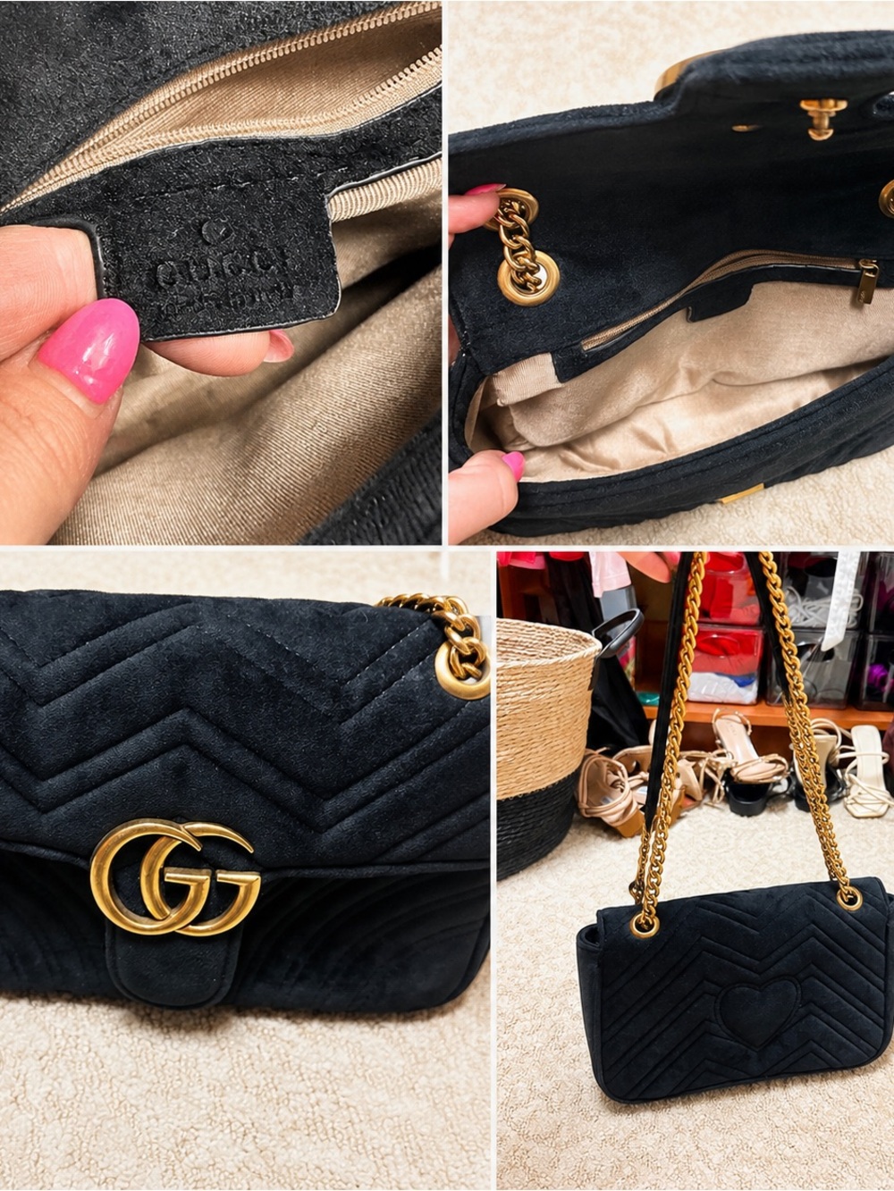 Gucci Black Velvet GG Heart Chevron Shoulder Bag with Gold Hardware